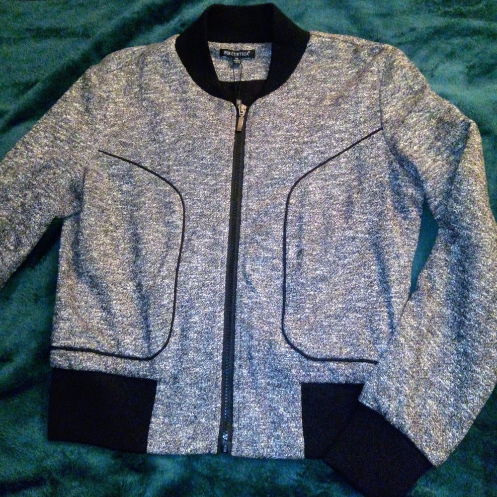 Textured Knit Baseball Style Bomber Jacket Sz M Black White Grey For Cynthia NWT